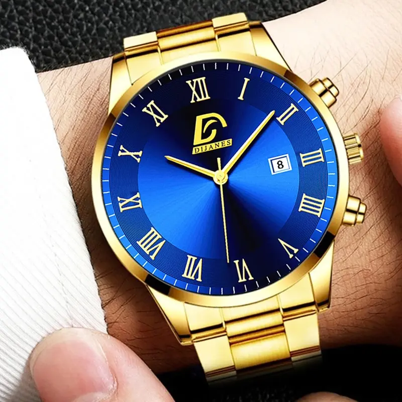 Fashion Gold Stainless Steel Watches Luxury Minimalist Quartz Wrist Watch Men Business Casual Calendar Watch 6