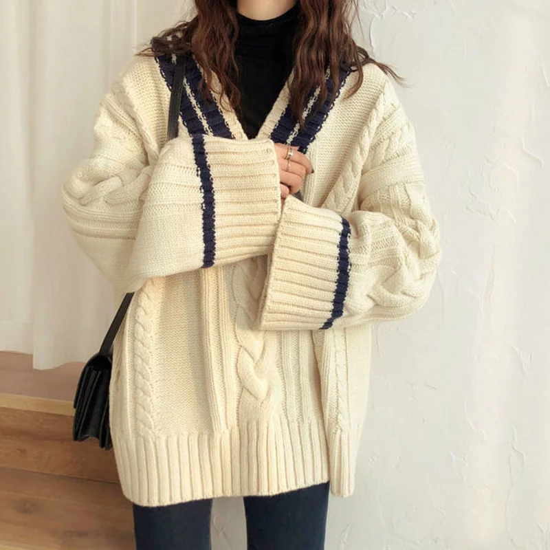 

Color blocked thickened V-Neck Sweater autumn winter college Korean loose and versatile twist knitted coat
