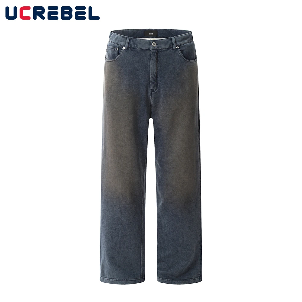 

Джинсы мужские прямые в стиле ретро с эффектом потертости и градиентом, повседневные брюки свободного покроя с широкими штанинами, уличная одежда