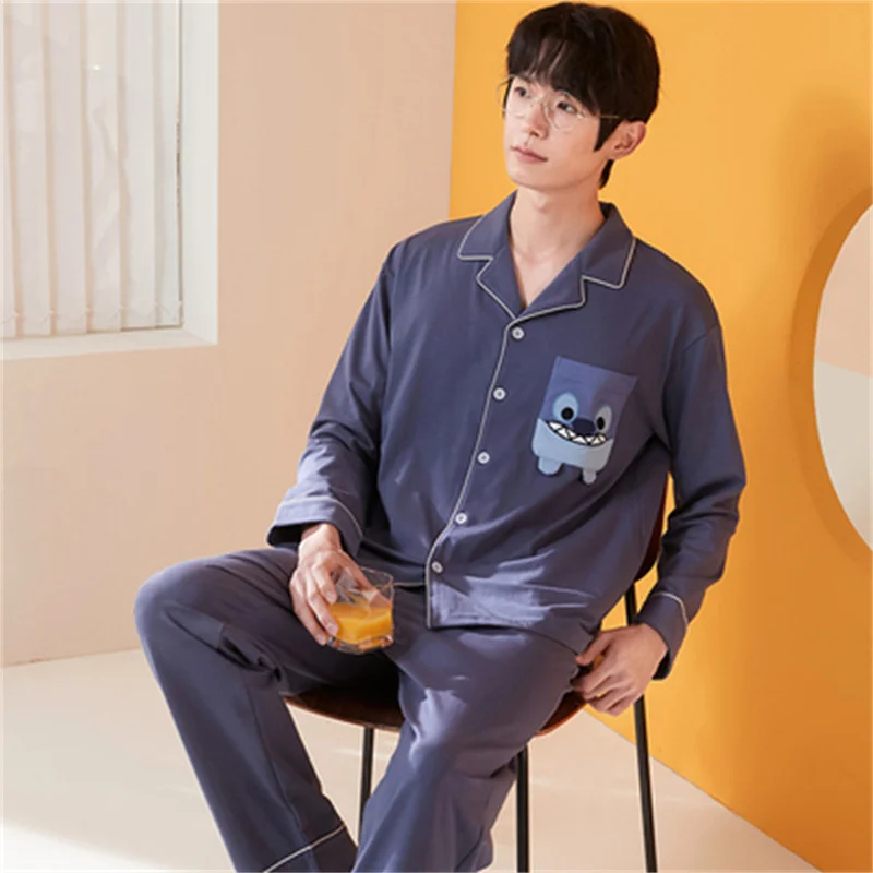 Pajamas Set Casual Cotton Sleepwear For Men Black Elastic Soft Shirt Pyjama Men's Autumn Fashion Homewear Clothes Big Size