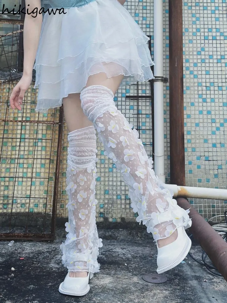 Модные кружевные гетры Y2k женские эстетичные прозрачные сетчатые цветочные