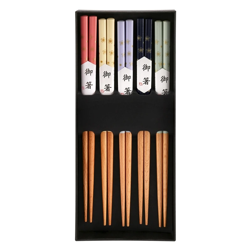 

LICG [5 Pairs] Printed Beech Chopsticks Household Tableware Set Pointed Cooking Chopsticks Gift Box