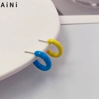 trendy jewelry round circle earrings 925 silver needle simply design asymmetrical yellow blue stud earrings for women