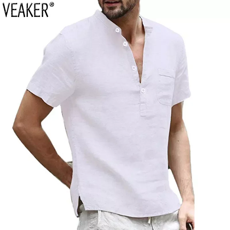 

NEW IN New Men's Slim Fit Linen Shirts Male Solid Color Cotton Linen V-neck Shirts Men Casual Short Sleeves Shirt S-3XL
