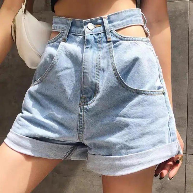 

2021 Women Korean Light Blue Hollow Out Short Jeans Female New High Waist All-match A-line Denim Shorts Casual Clothing Summer