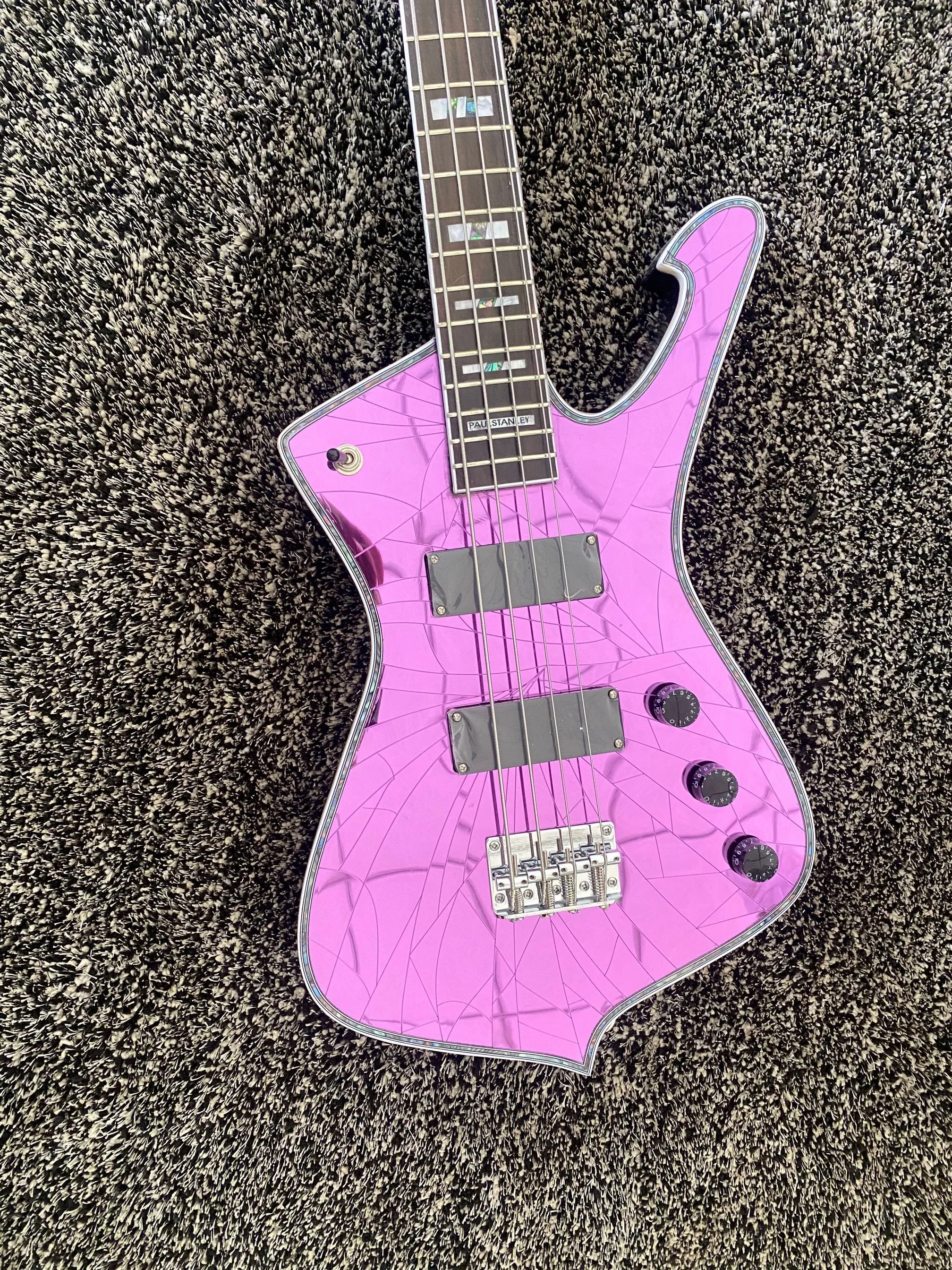 

Пользовательская модель, 4 струны, фиолетовая электрическая бас-гитара Iceman, хромированная фурнитура, подставка из розового дерева, черная ручка настройки