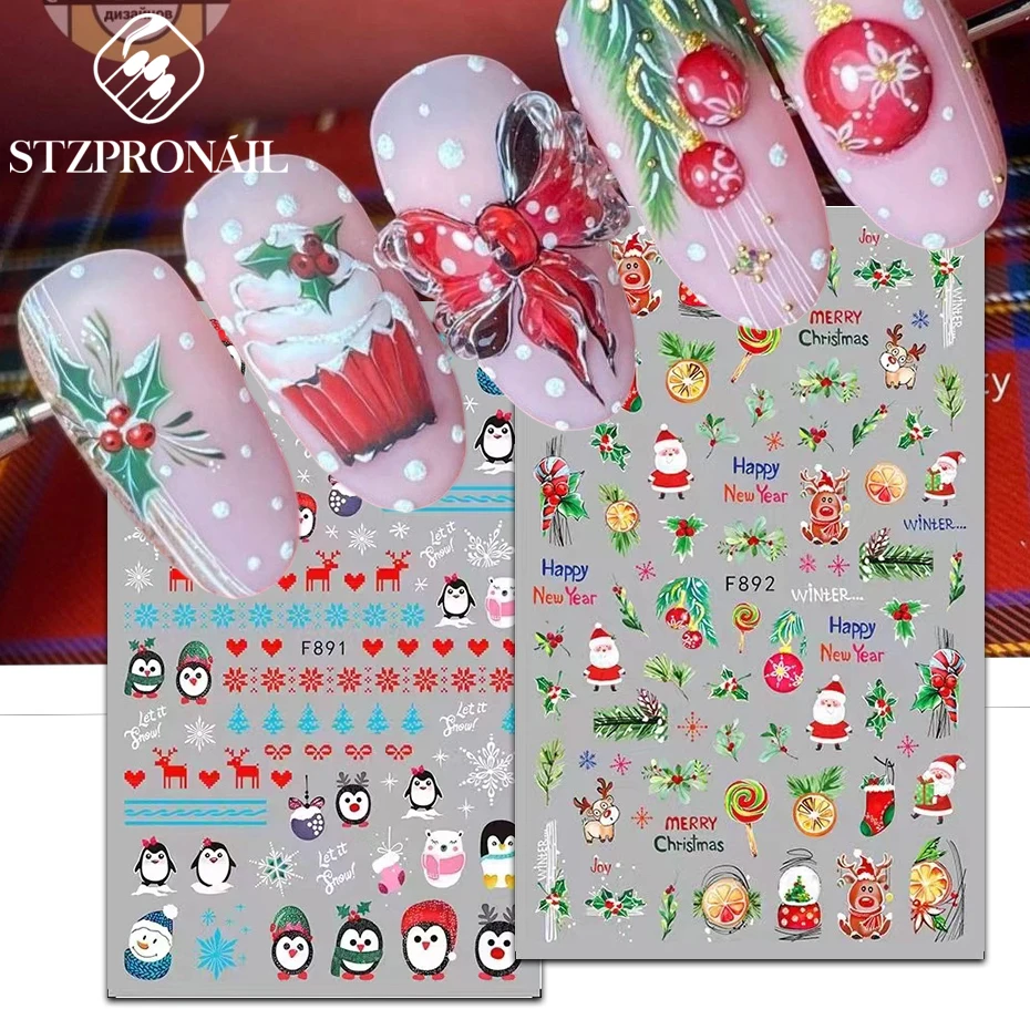 

3D Christmas Nail Sticker Decal Cartoon Winter Snowflake Holly Santa Claus Bird New Year Nail Design Decoration Manicures SLF892