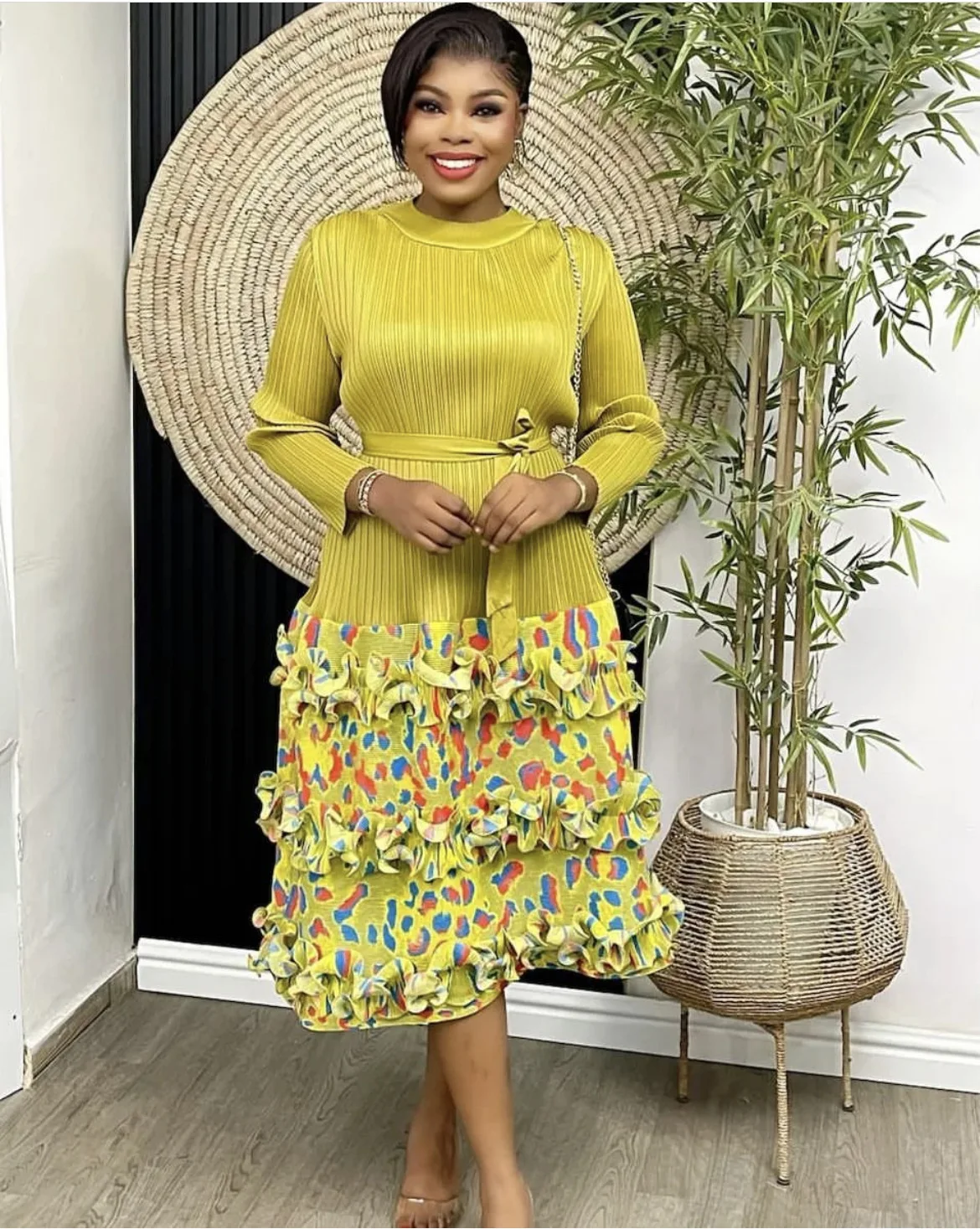 

New Women's Fashion Round Neck Leopard Pattern Lace Colorblock Dress with Loose Temperament Elegant 3/4 Sleeve Pleated Dress