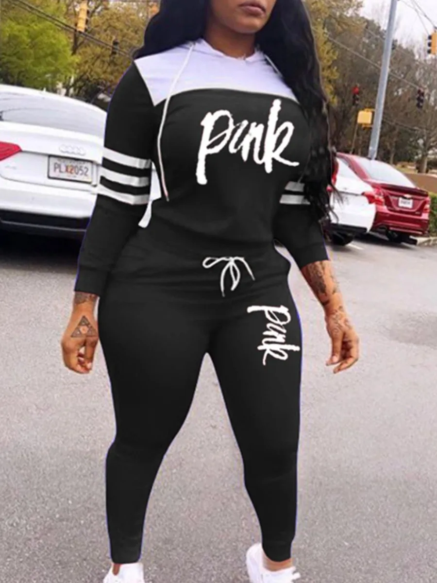 LW Plus Size Pink Letter Print Striped Tracksuit Set Two-pices Long Sleeve Hooded Collar + trousers 2022 NEW Autumn sporting sui