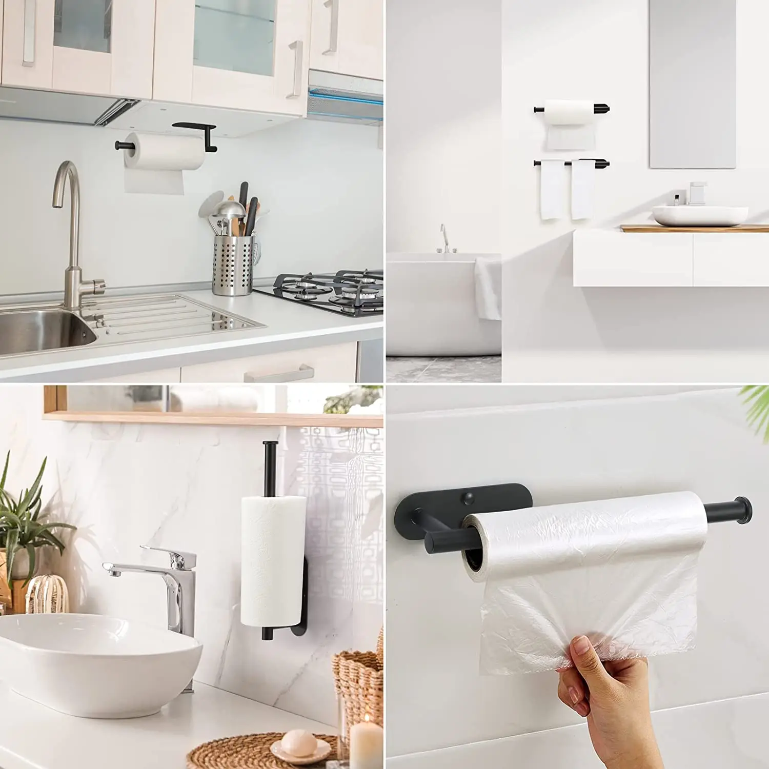 

2Pcs Black Paper Towel Holder Under Rack for Kitchen/Bathroom Hanging Paper/Towel Available in Self Adhesive and Screw Mount