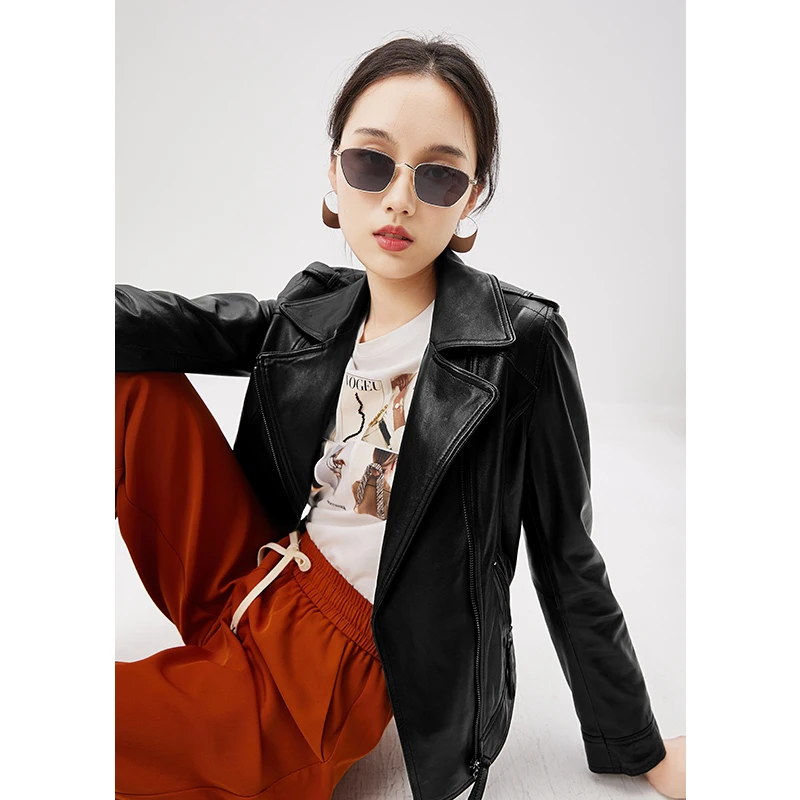 2022 New Fashion Designer Leather Jacket Women Sheepskin High Street Turn-down Collar Genuine Leather Jacket Women