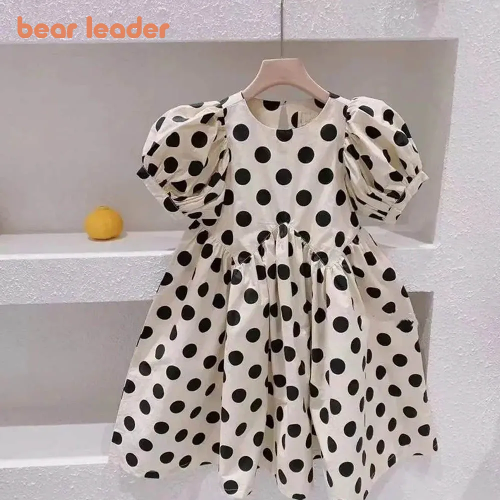 

Bear Leader/платья для девочек коллекция 2022 года, новое летнее корейское платье в крупный горошек с пышными рукавами для девочек Хлопковое модно...