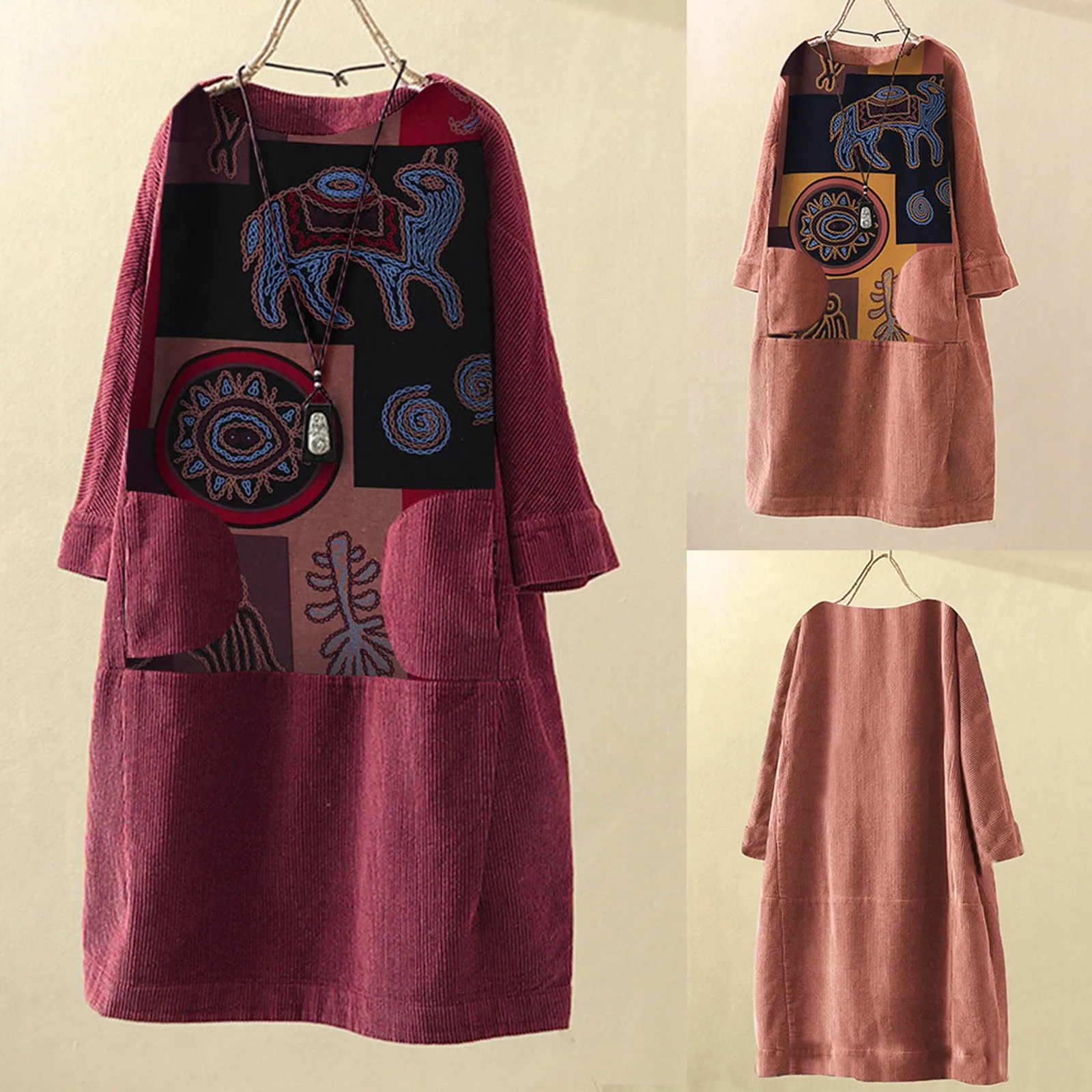 

Женское винтажное вельветовое платье с длинным рукавом и карманами