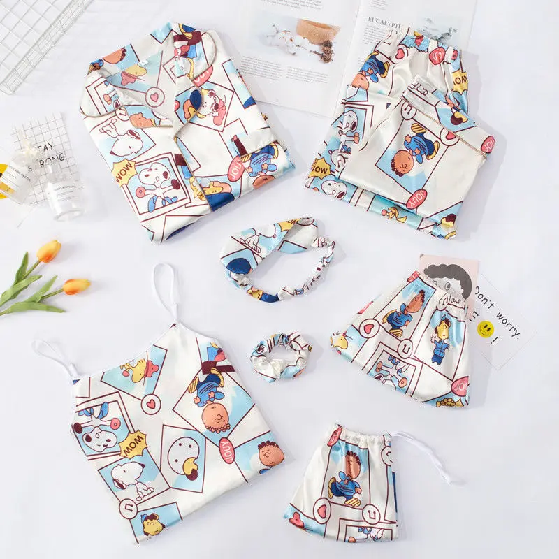 1 Ice silk pajamas women in the spring and autumn summer simulation silk sexy long-sleeved seven stacked leisurewear suit thin