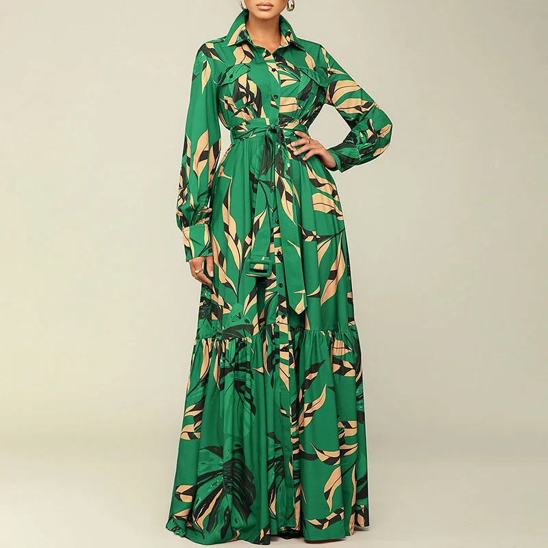 

Female High Waist Lace-up Pleated Dresses Elegant Pattern Print Long Sleeve Dress Autumn Spring Lapel Single Breasted Long Dress