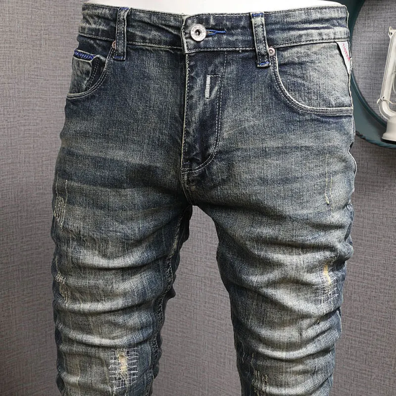 Fashion Trendy Men Jeans Retro Washed Blue Elastic Stretch Slim Fit Ripped Jeans Men Printed Designer Vintage Denim Pants Hombre