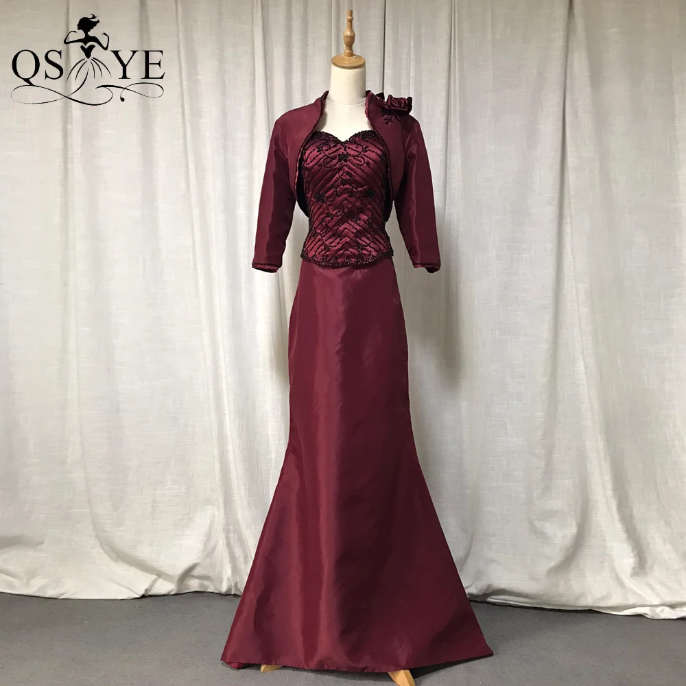

Burgundy Taffeta Mermaid Mother of the bride Dress Flower Jackets Decent Black Beads Mom Prom Gown Vintage Mother Party Gown2023