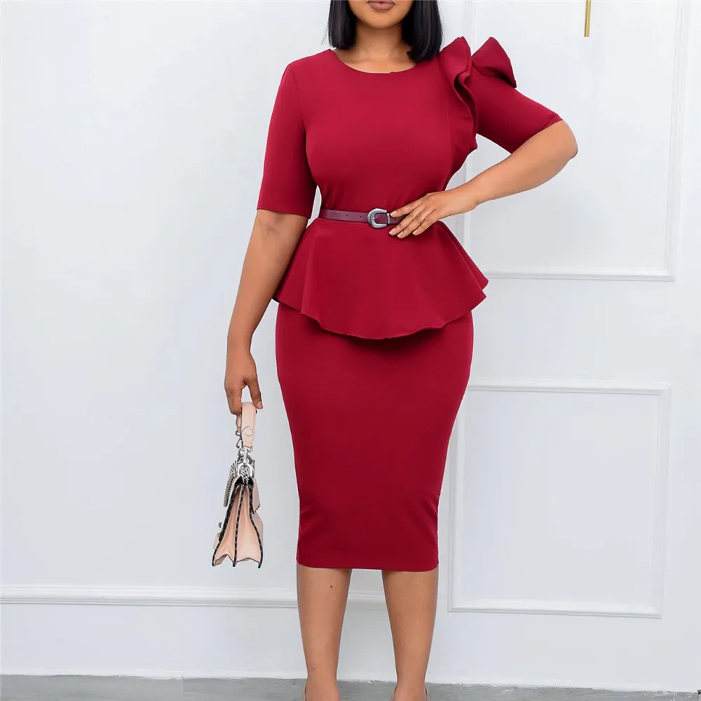 

2022 Fashion Women Dress Round Neck Short Sleeve Flower Solid Bodycon Dresses With Belt Ladies Commute Elegantly Vestidos