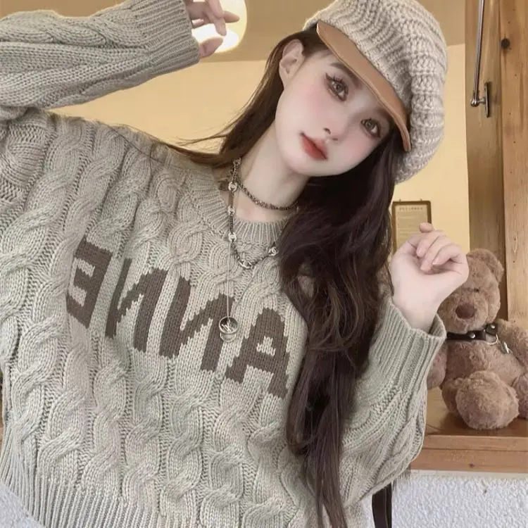 Nipin Round Neck Fried Dough Twist Sweater Women's Pullover Autumn and Winter 2022 Short Loose Lazy Style Knitwear