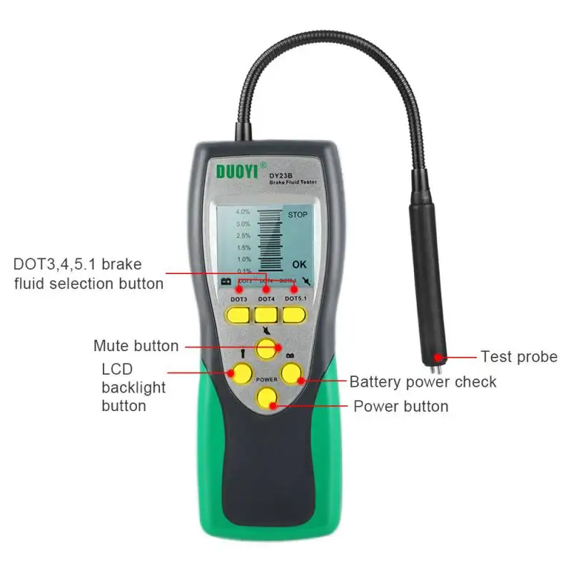 

DY23/DY23B Car Brake Fluid Tester Goose Neck Detector Sound and Light DOT3 DOT4 DOT5 Double Alarm Accurate Test Oil Inspection