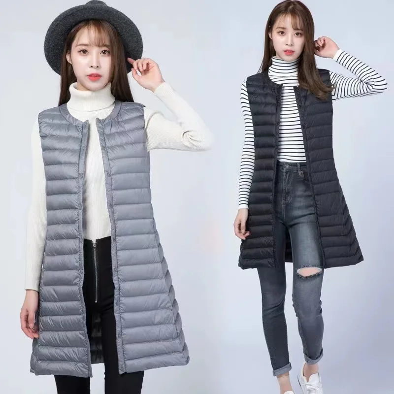 Ultralight Portable Puffer Vest Women Long Collarless 2023 New Autumn Winter Duck Down Waistcoat Sleeveless Button Feather Liner