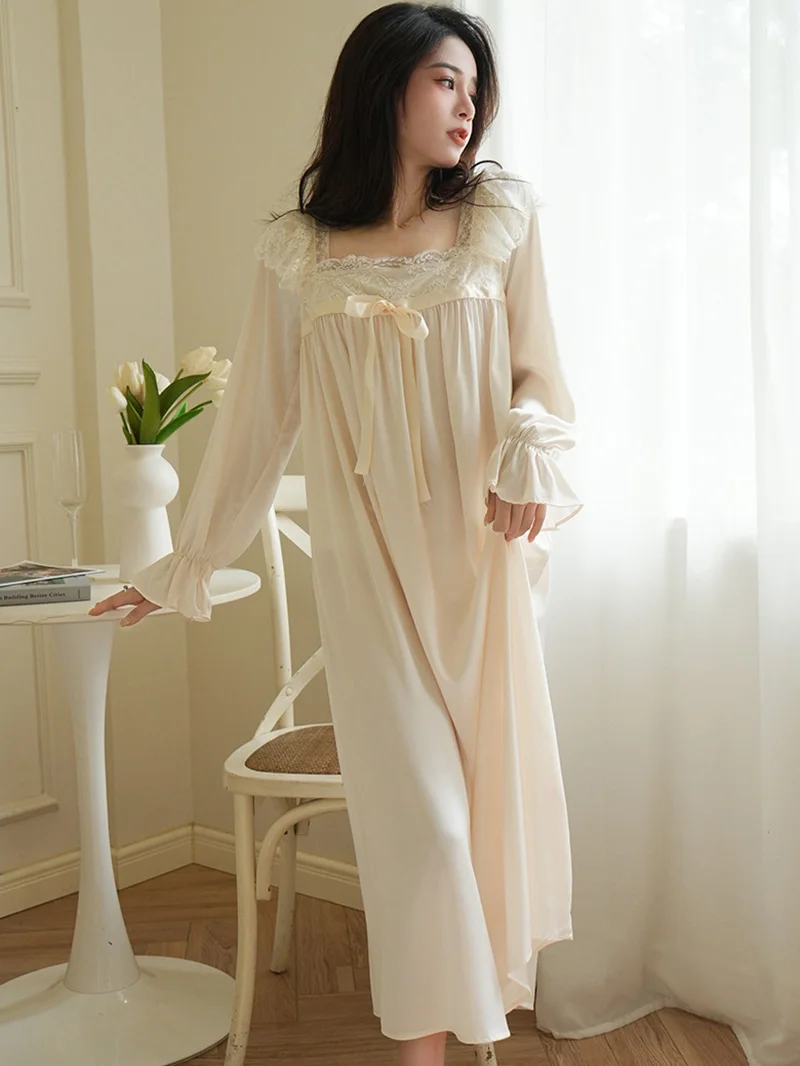 Women Lady French Victorian Silk Vintage Night Dress Sleepwear Fairy Pajama Loose Lace Square Collar Ruffles Princess Nightgowns
