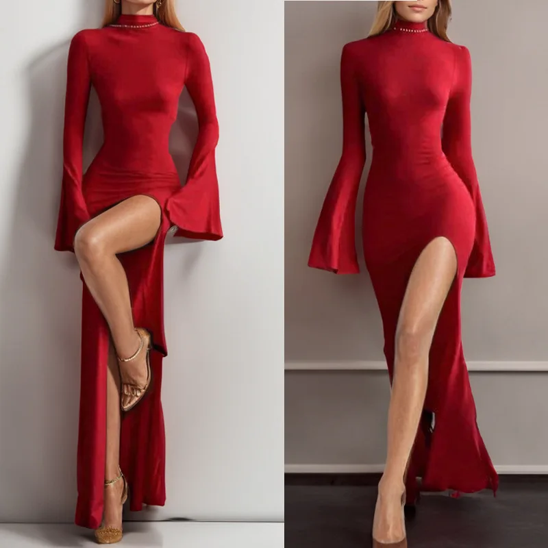 Женское платье макси с высоким воротом и длинными рукавами-фонариками