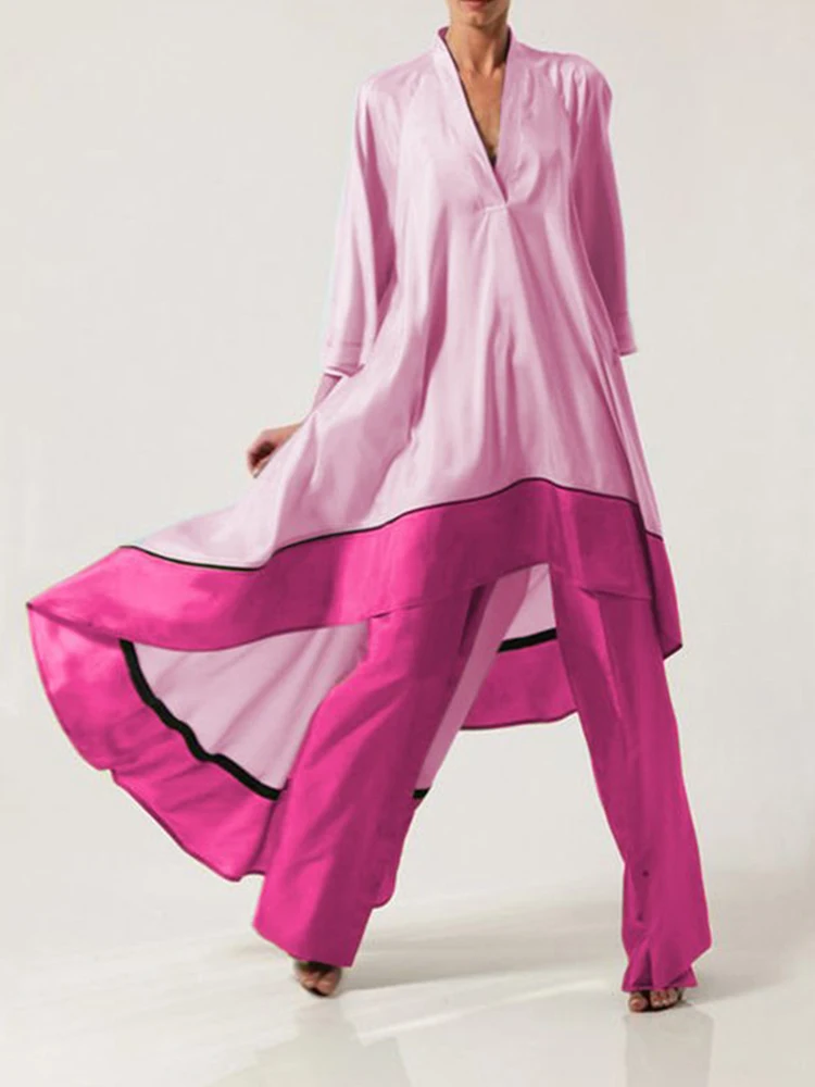 

Spring Autumn Long Sleeved Patchwork Home Suit Women Harajuku Loose Outfits Casual Loose Irregular Top & Trousers Two Piece Set