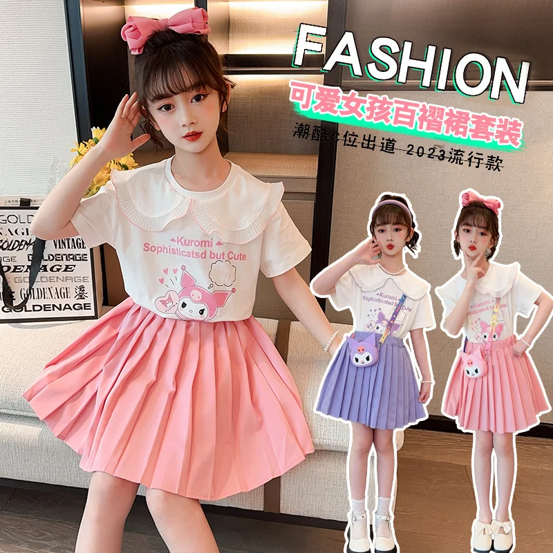 

Sanrioes Anime Teen Girls Princess Dress Kuromi Kids Short-Sleeved + Pleated Skirt 2Pcs Jk Outfits Summer College Style Foreign