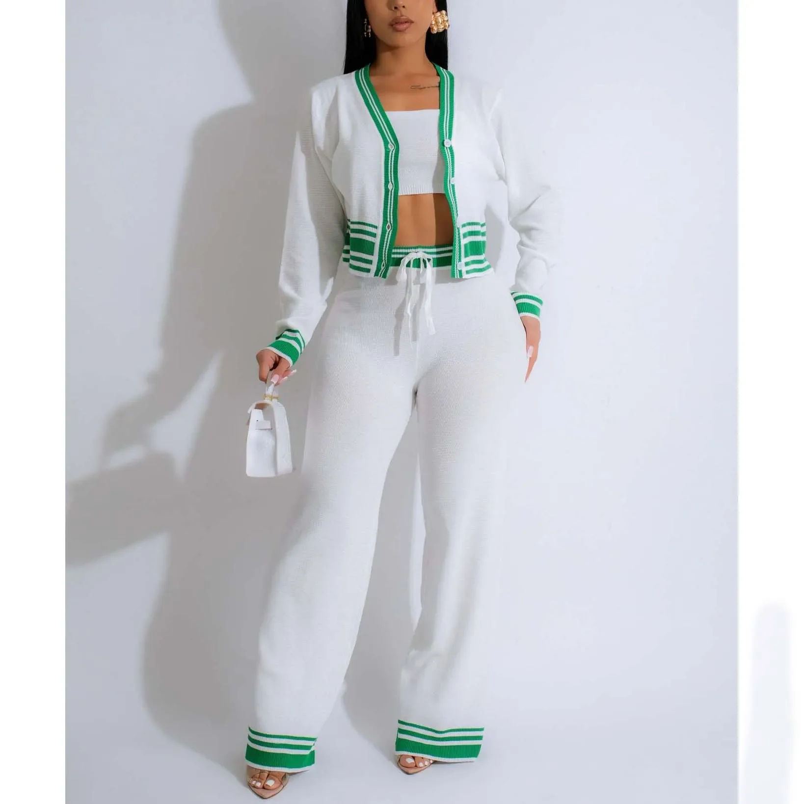 Зимний женский трикотажный кардиган с длинным рукавом и брюки широкими