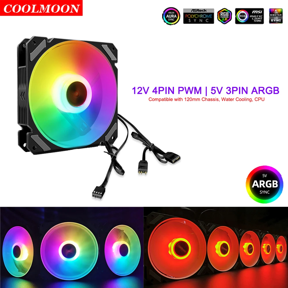 

Coolmoon JY-ARGB 120mm PC Case Cooling Fan 4PIN PWM Temperature Control 5V 3PIN ARGB AURA SYNC Chassis Cooler Fan Ventilador