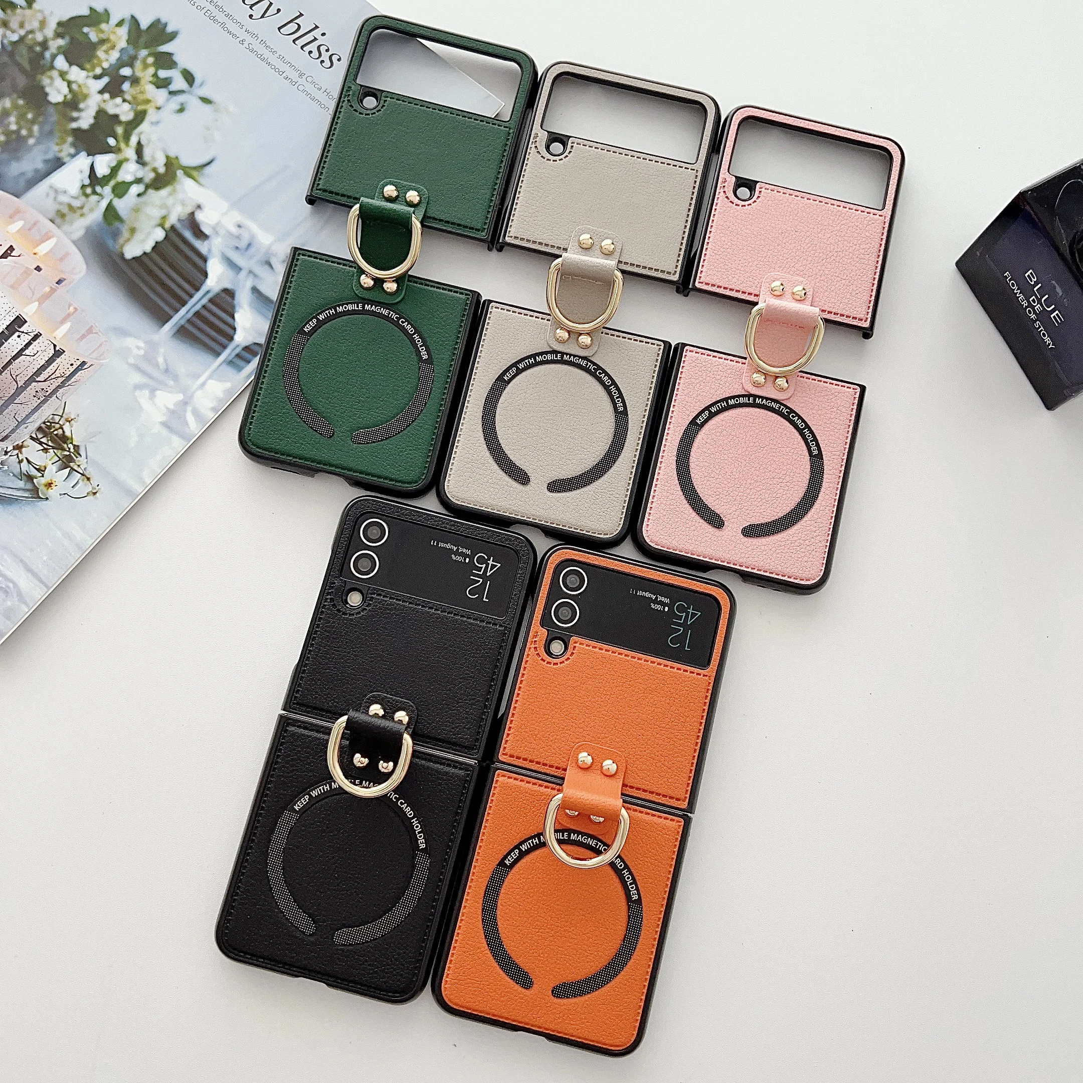 Magnetic PU Leather Case With Finger Ring Buckle For Samsung Galaxy Z Flip 4 Flip3 Case Z Flip4 Flip3 5G Shockproof Phone Cover