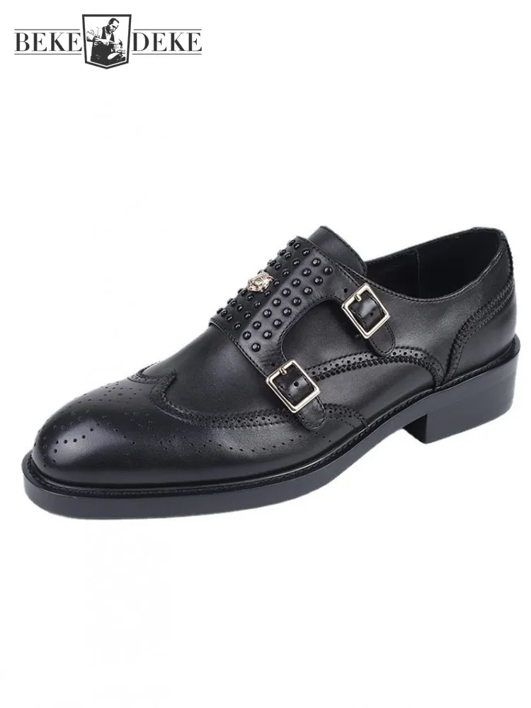 

Дизайнерские мужские классические туфли из натуральной воловьей кожи, броги, резная обувь в британском стиле, модные новые осенние лоферы с пряжкой и заклепками