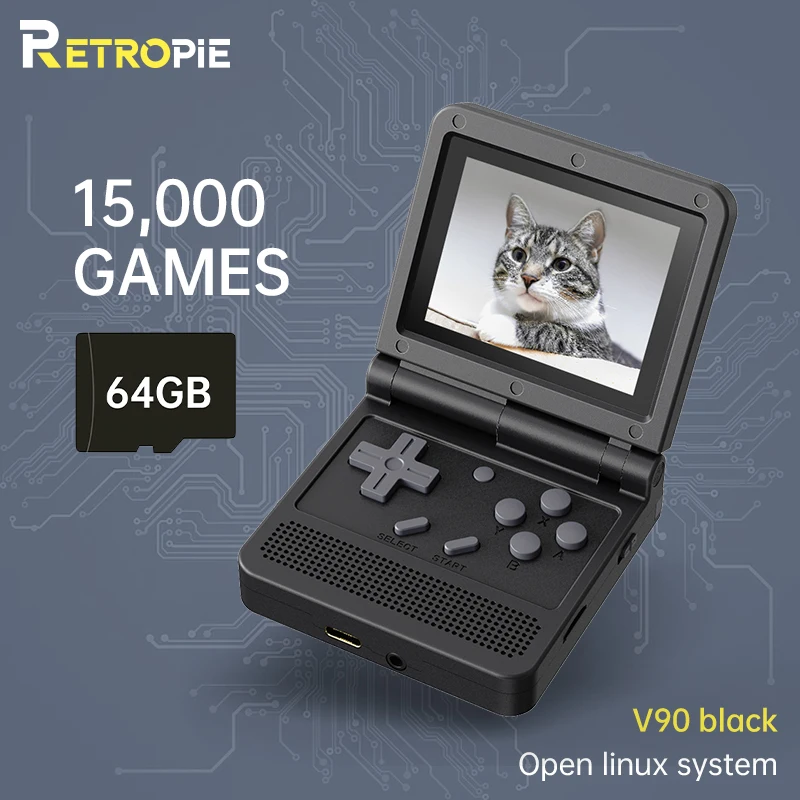 

POWKIDDY v90 Black Version 3-Inch IPS Screen Flip Handheld Console Open System Game Console 16 Simulators PS1 Children's gifts