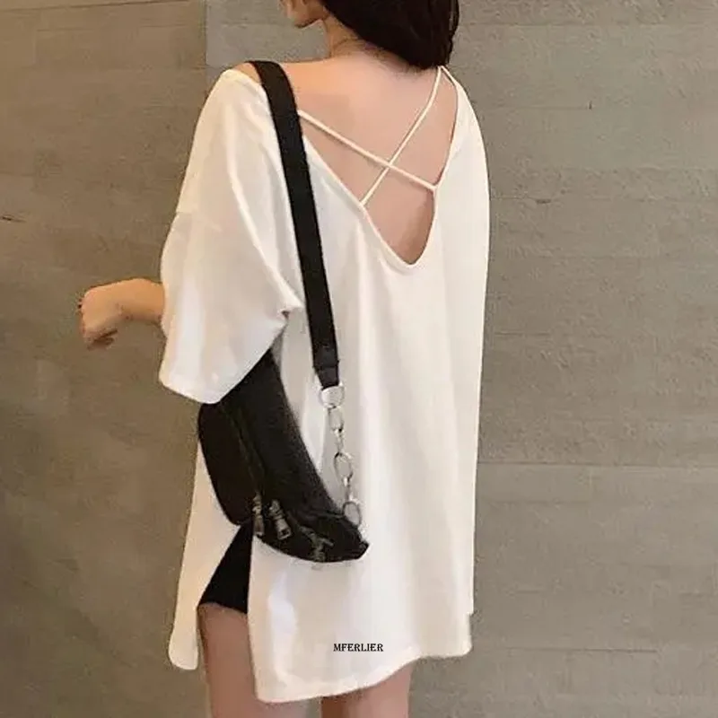 Футболка женская с открытой спиной Повседневная Свободная рубашка коротким