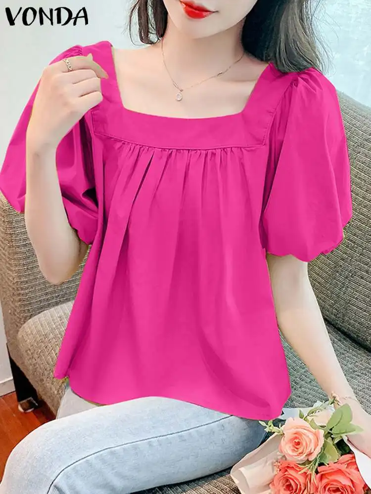 

Женские модные однотонные блузки, повседневные сексуальные топы с квадратным вырезом, туника 2023 VONDA, летние рубашки, плиссированные блузки с коротким пышным рукавом