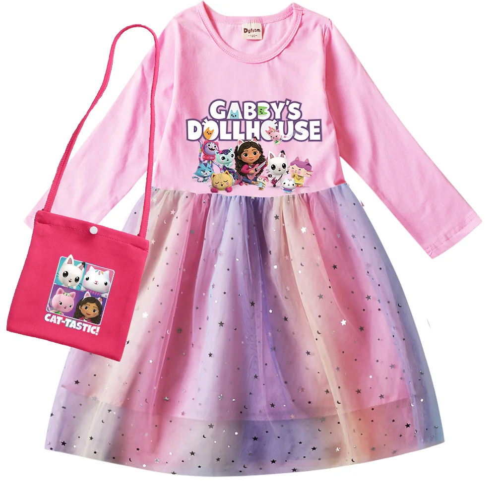 Gabby Dollhouse Cats Dress Kids Wedding Party Sequin Dress Baby Girls Long Sleeve Dresses with Small Bag Birthday Gifts Vestidos