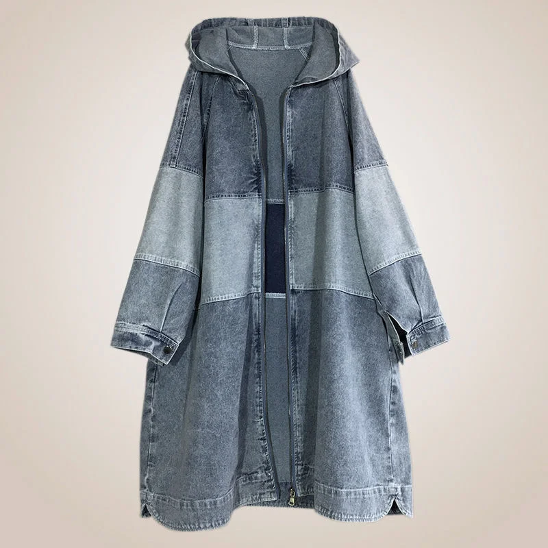

Hooded Long Trench Denim Coat Women Spring Autumn Splicing Trench Coat Female Fashion Casual Windbreaker Outerwear