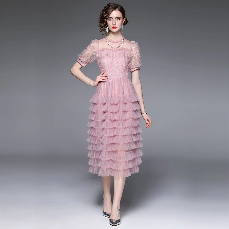 

Faashion Designer 2022 New Summer Women Vintage Bodycon Ruffles Lace Mesh Embroidery Stand Collar Puff Sleeve Cake Dress
