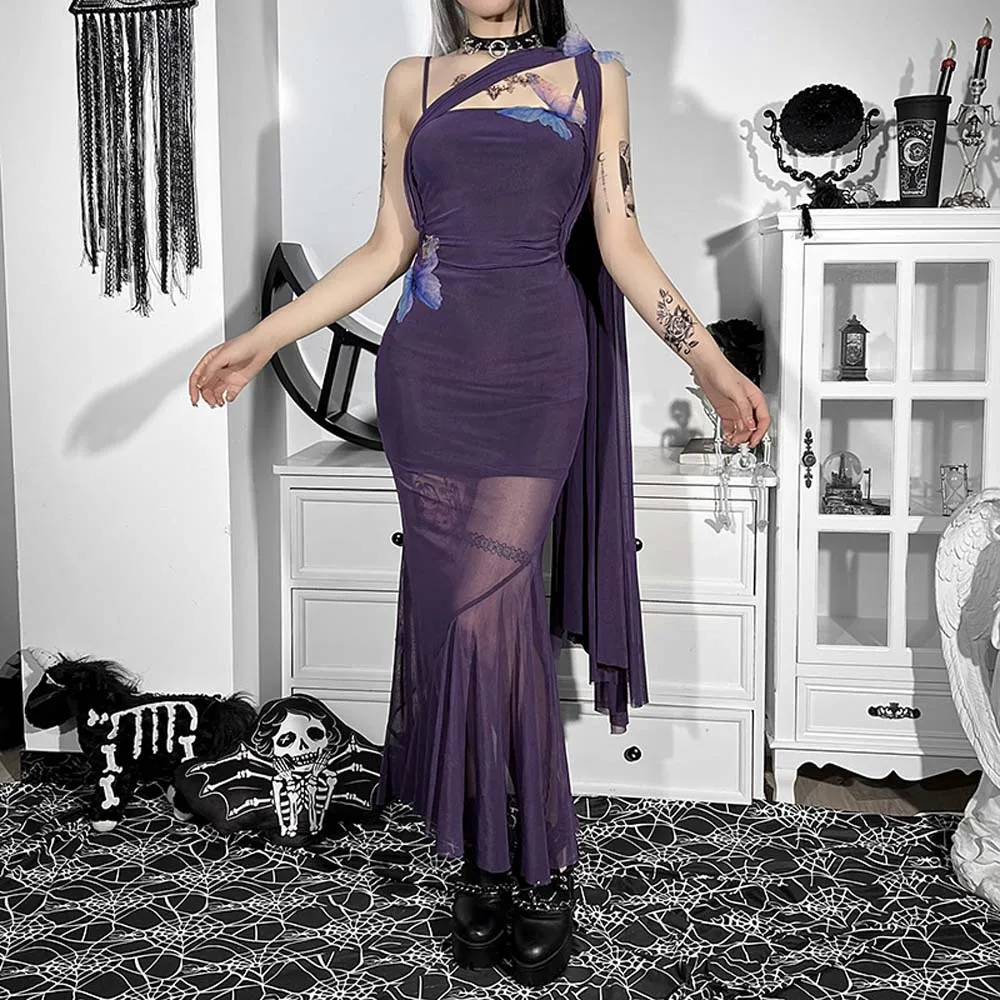 

New Retro Gothic Women Dress Darkness Lace Patchwork Pullover Sling See-through Mesh Open Back Spring Fall Long Dress For Ladies