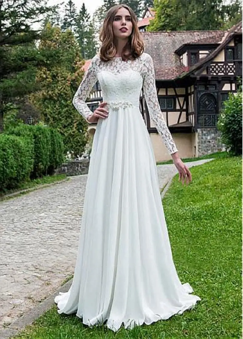 

Scoop Lace Long Sleeves Chiffon A-Line Wedding Dresses Custom Made Bridal Gowns Formal Spring Vestidos De Marriage Plus Size