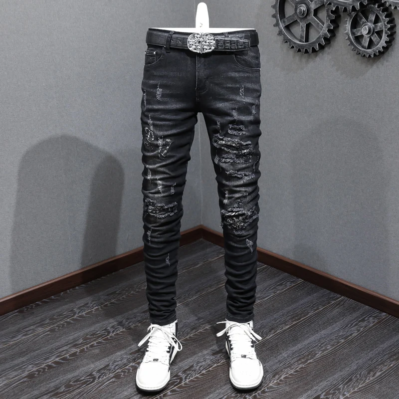 High Street Fashion Men Jeans Retro Light Blue Elastic Stretch Skinny Fit Ripped Jeans Men Brand Patches Designer Hip Hop Pants