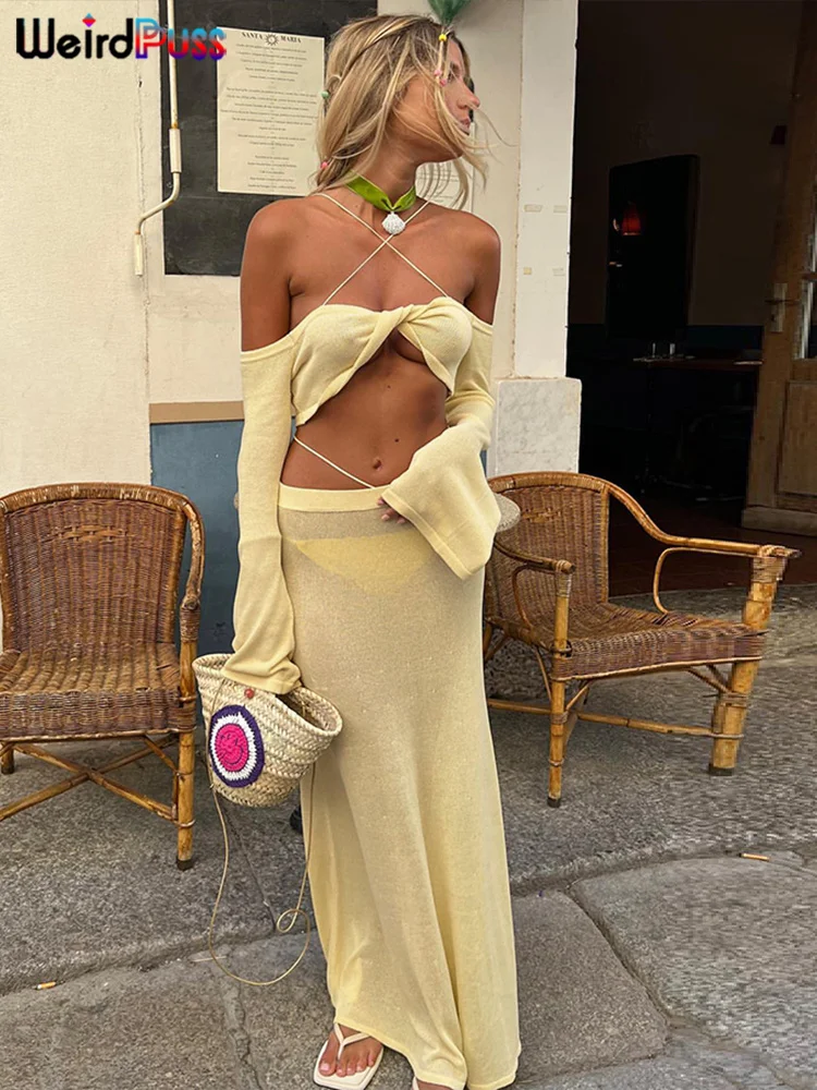 

Необычные пушки, элегантный вязаный женский комплект из 2 предметов, короткий топ с воротником «одно слово» и длинными рукавами + длинные юб...