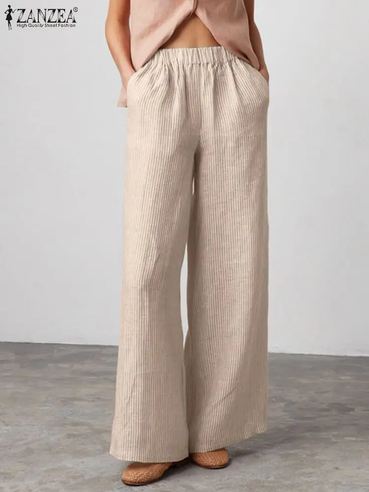

ZANZEA Summer Women Elastic Waist Striped Trousers Casual Wide Leg Pants Female Holiday Palazzo Loose Long Pantalon Oversize