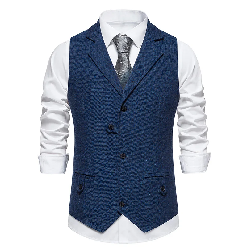

Men Royal Blue Vintage Suit Vest Party Wedding Groomsman Slim Fit Dress Vest Classic Herringbone Tweed Business Formal Waistcoat