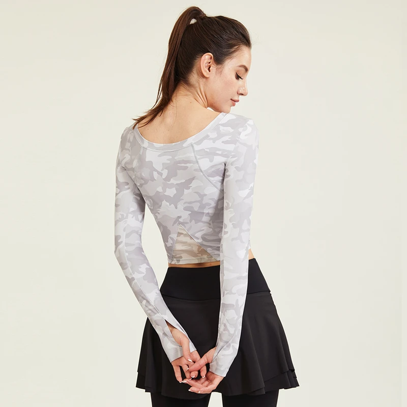 Women Camouflage Yoga Shirt Mesh Breathable Back Tops Running Long Sleeve Blouse Workout Gym Tie Dye T-Shirt With Thumb Holes