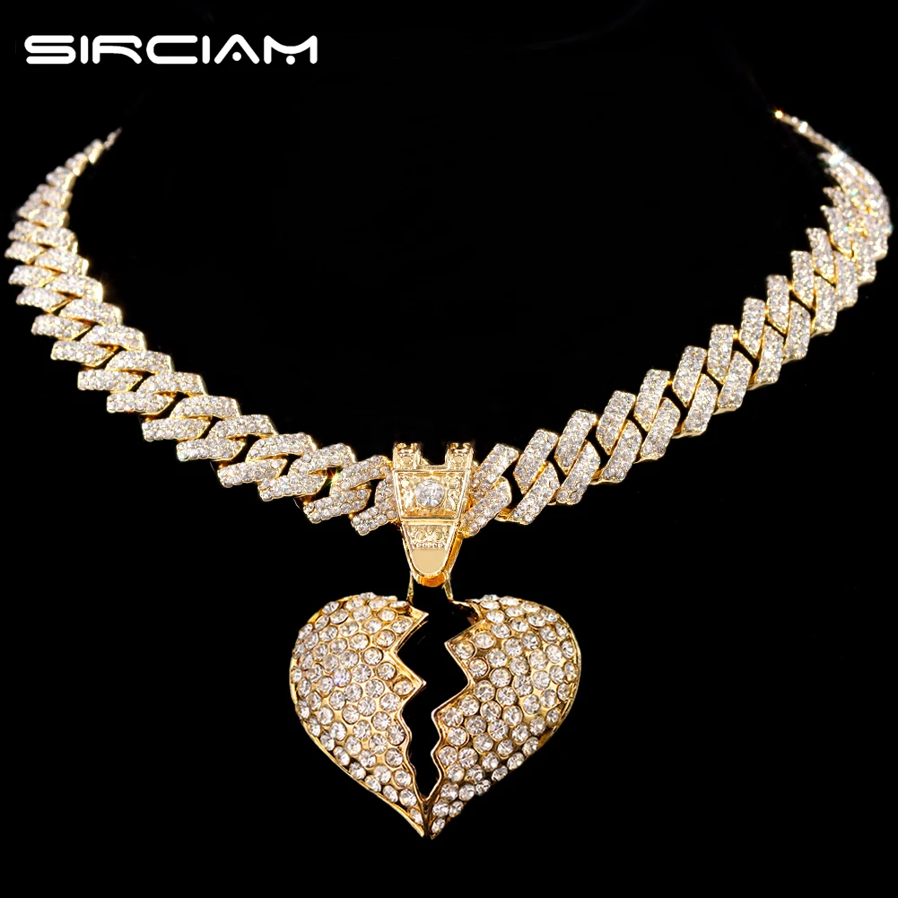 

Hip Hop 14MM Clustered Miami Cuban Link Men's Necklace Bling Micro Pave Broken Heart Pendant Necklace Cuban Chain Rapper Jewelry