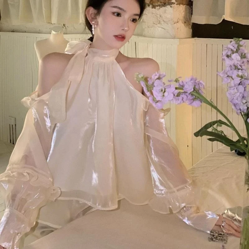 

Women Shirt Summer Fashion French Court Style Retro Blouse Off Shoulder Long-sleeved Glossy Shirt New Sexy Cold Shoulder Top