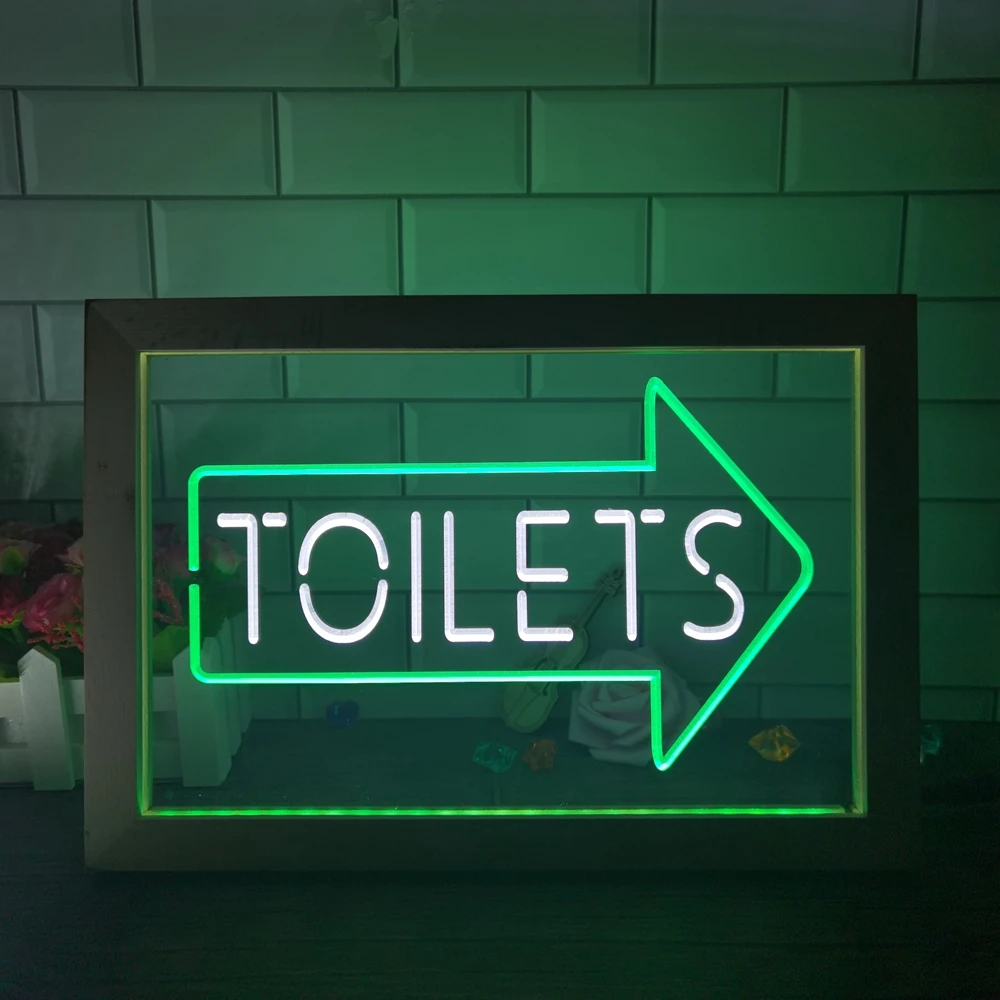 

Toilets Arrow Washroom Restroom Dual Color LED Neon Sign Photo Frame Creative Table Lamp Bedroom Desk Wood 3D Night Light