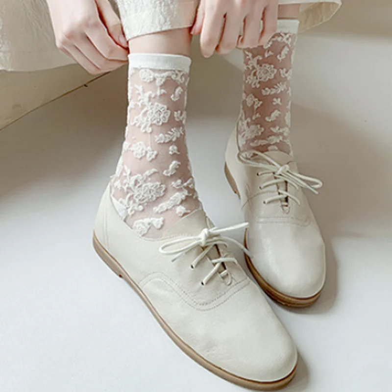 

Woman Socks Casual Breathable Solid Black White Coffee Long Socks Fashion Summer Thin Transparent Harajuku Crystal Silk Socks